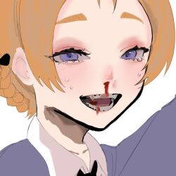 1girl :d blood blood_in_mouth braid girls_und_panzer looking_at_viewer nosebleed open_mouth orange_hair orange_pekoe_(girls_und_panzer) pokoooo_(fartsonist) purple_eyes school_uniform simple_background smile solo white_background