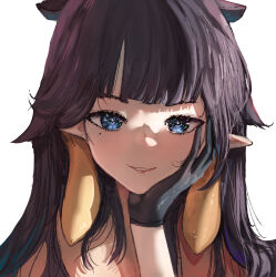 1girl absurdres advarcher black_gloves black_hair blonde_hair blue_eyes gloves highres hololive hololive_english long_hair looking_at_viewer mole mole_under_eye multicolored_hair ninomae_ina&#039;nis parted_lips pointy_ears simple_background solo tentacle_hair two-tone_hair virtual_youtuber white_background