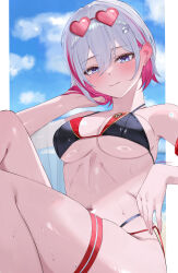 1girl absurdres bare_shoulders bikini black_bikini blue_eyes blush breasts cloud cloudy_sky colored_inner_hair grey_hair heart heart-shaped_eyewear highres honkai:_star_rail honkai_(series) large_breasts legs looking_at_viewer miya-chan_(lightning0730) multicolored_hair navel out_of_frame ribs see-through_clothes short_hair signature sky solo string_bikini sunglasses swimsuit thigh_strap topaz_(honkai:_star_rail)