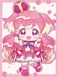 1girl :d arched_crown blonde_hair blonde_streaks blush_stickers boots border bow bow_earrings brooch capelet chest_bow chibi clenched_hands commentary crown cure_wonderful dress dress_bow earrings floral_background foot_up frilled_wrist_cuffs frills full_body gold_hairband hairband hands_up hat_ornament heart heart_brooch heart_hat_ornament highres inukai_komugi jewelry knees_together_feet_apart long_hair looking_at_viewer magical_girl mini_crown multicolored_hair multicolored_pantyhose no_nose open_mouth pact_holder pantyhose paw_pose petticoat pink_boots pink_border pink_bow pink_capelet pink_crown pink_dress pink_hair pink_pantyhose pink_wrist_cuffs pleated_dress polka_dot polka_dot_background pouch precure puffy_short_sleeves puffy_sleeves purple_bow purple_eyes short_dress short_sleeves smile solo standing standing_on_one_leg streaked_hair striped_bow striped_clothes striped_pantyhose tilted_headwear two-tone_hair two-tone_pantyhose two_side_up umiyuki_(umi_chu) white_background white_petticoat white_sleeves wonderful_pact wonderful_precure! wrist_cuffs yellow_pantyhose
