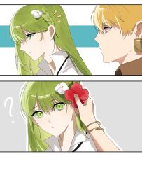 1boy 1other absurdres androgynous enkidu_(fate) fate/grand_order fate_(series) flower gilgamesh_(fate) green_eyes green_hair hair_flower hair_ornament highres long_hair other_with_male red_eyes robe white_robe yammu