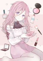 1girl bare_shoulders barefoot bottle breasts closed_mouth commentary_request commission cosmetics double-parted_bangs fingernails frilled_shirt frills full_body hair_between_eyes hair_over_shoulder lipstick_tube long_hair makeup_brush makeup_palette nail_polish off-shoulder_shirt off_shoulder origami original paper_crane perfume_bottle pink_hair pink_nails pink_skirt purple_eyes shirt shirt_tucked_in sidelocks sitting skeb_commission skirt small_breasts smile solo tententuyu turtleneck wariza white_shirt