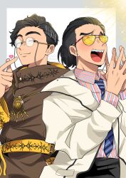 2025 20s 2boys absurdres adk-em bakugami_ryuugi bakugami_ryuugi_(cosplay) bandai bandai_namco black_hair black_pants border brown_cloak cloak coat company_connection cosplay costume_switch cowboy_shot george_karizaki george_karizaki_(cosplay) glasses grey_border hair_slicked_back heart highres ishimori_prod jewelry kamen_rider kamen_rider_revice male_focus mikkii_(tales329) multiple_boys no.1_sentai_gozyuger open_mouth pants pendant pink_shirt round_eyewear sharp_teeth shirt short_hair simple_background sunglasses super_sentai teeth tinted_eyewear toei_company tokusatsu tv_asahi white_background white_coat yellow-tinted_eyewear