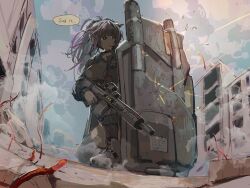 Rule 34 | 1girl, animal ears, arknights, assault rifle, ballistic shield, black eyes, black gloves, black hair, black jacket, black shirt, black thighhighs, blue sky, breasts, building, cat ears, cat girl, day, dust cloud, ears down, english text, floating hair, full body, gloves, glowing, glowing eyes, gun, highres, holding, holding gun, holding weapon, jacket, jessica (arknights), jessica the liberated (arknights), large breasts, mutomorokoshi, on one knee, open clothes, open jacket, outdoors, ponytail, projectile trail, rifle, shield, shirt, sky, solo, sparks, speech bubble, squatting, taking cover, thighhighs, under fire, weapon, yellow pupils