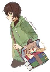 Rule 34 | 1boy, 1girl, ahoge, animal ears, artist name, bag, black hair, black pants, blue bow, blue bowtie, blush, bow, bowtie, brown hair, cat ears, cat girl, closed eyes, commentary, cropped legs, english commentary, green eyes, green hoodie, hair between eyes, highres, hood, hoodie, indie virtual youtuber, lexingzi, long sleeves, neuro-sama, open mouth, outstretched arms, pants, profile, school uniform, serafuku, short hair, simple background, standing, sweater, timestamp, turtleneck, turtleneck sweater, two side up, vedal987, virtual youtuber, white background, winrar, yellow serafuku