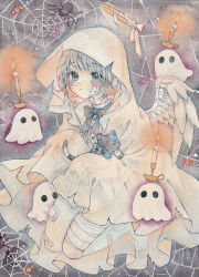 1girl absurdres amu_(m_aa) bandage_on_leg bandaged_leg bandages barefoot black_bow black_bowtie black_cat bow bowtie bug candle candy cat center_frills cloak closed_mouth commentary crying crying_with_eyes_open dated feathered_wings food frilled_sleeves frills gauze gauze_on_cheek ghost grey_eyes grey_hair halloween highres hood hood_up hooded_cloak long_sleeves original painting_(medium) shirt short_hair signature silk solo spider spider_web tears traditional_media watercolor_(medium) white_cloak white_shirt white_wings wings wrapped_candy