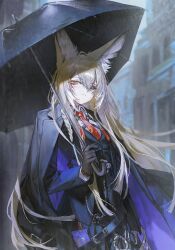 1girl animal_ear_fluff animal_ears arknights black_coat black_gloves black_jacket black_skirt black_umbrella black_vest blonde_hair braid coat coat_on_shoulders facial_mark fox_ears fox_girl gloves hair_between_eyes highres holding holding_umbrella jacket long_hair looking_at_viewer necktie orange_eyes quasarcake red_necktie shirt sidelocks single_braid skirt solo umbrella vest vulpisfoglia_(arknights) white_shirt