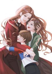 1girl 2boys animification back billy_maximoff black_pants blue_shirt brothers brown_hair cape child closed_eyes doctor_strange_in_the_multiverse_of_madness fingernails good_end green_eyes green_jacket hands_up happy hug jacket lips long_hair long_sleeves looking_at_another looking_down looking_up marvel marvel_cinematic_universe mother_and_son multicolored_clothes multicolored_shirt multiple_boys open_clothes open_jacket open_mouth pants poboong123 red_cape red_eyes red_jacket red_shirt scarlet_witch shirt short_hair siblings simple_background smile standing t-shirt teeth tommy_maximoff twins wanda_maximoff white_background white_shirt