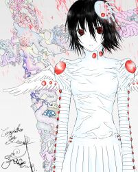 Rule 34 | 1girl, black hair, blood, blood splatter, bone, breasts, closed mouth, colored skin, commentary, cowboy shot, cross, cursive, empty eyes, english commentary, english text, expressionless, feathered wings, hair between eyes, high collar, highres, intestines, juliet sleeves, latin cross, light frown, long sleeves, looking at viewer, mini wings, original, pleated skirt, puffy sleeves, raining blood, red eyes, shirt, short hair, sidelocks, skirt, skirt set, small breasts, solo, standing, surreal, tuizhaaaa, white shirt, white skin, white skirt, white wings, wings