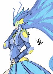 1girl armor armored_leotard blue_hair breasts bug butterfly butterfly_wings digimon digimon_(creature) female_focus fur_collar gloves gluteal_fold hand_on_own_hip highres hudiemon insect insect_wings leotard long_hair looking_to_the_side medium_breasts ph6xeivbgpimggg shoulder_armor solo solo_focus tinted_eyewear wings yellow-tinted_eyewear