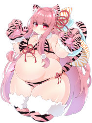 Rule 34 | 1girl, animal costume, animal ears, animal print, belly, bikini, blush, breasts, cleavage, fat, hair ribbon, konbu latte, kotonoha akane, large breasts, long hair, looking at viewer, pink eyes, pink hair, plump, ribbon, solo, swimsuit, tail, thick thighs, thighs, tiger costume, tiger ears, tiger print, tiger tail, very long hair, voiceroid, wide hips