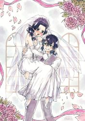 1boy 1girl blue_eyes blue_hair blush carrying dress flower flustered formal_clothes green_eyes hashibira_inosuke high_heels highres kanzaki_aoi_(kimetsu_no_yaiba) kimetsu_no_yaiba marriage necktie princess_carry ribbon rusky smile standing suit teeth veil vest wedding wedding_dress white_dress white_heels white_suit window