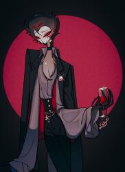 1boy absurdres alcohol artist_name beak bird bird_boy black_background black_choker black_coat black_pants center_opening choker closed_mouth coat coat_on_shoulders collared_shirt colored_sclera cowboy_shot crescent crescent_earrings cup demon demon_boy earrings extra_eyes facial_mark floating_earring formal_clothes gold_buttons gold_earrings grey_hair grey_shirt hair_slicked_back head_tilt helluva_boss high-waist_pants highres holding holding_cup jewelry juliet_sleeves long_coat long_eyelashes long_sleeves looking_at_viewer multicolored_coat owl pants puffy_sleeves raised_eyebrows red_sclera red_wine shiny_clothes shirt single_earring star_(symbol) stolas_(helluva_boss) two-tone_background two-tone_coat wine xiaolin610