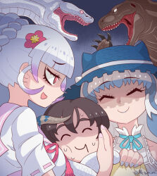 1boy 2girls animal_ears blue_hair blue_lips blunt_bangs blush bow bowtie byakuda_(kemono_friends) captain_(kemono_friends) catfight chinese_zodiac commentary eyelashes false_smile flower frills gradient_ribbon grey_hair hair_ornament hat hood imminent_fight jacket kemono_friends kemono_friends_3 komodo_dragon komodo_dragon_(kemono_friends) lizard_tail long_hair metamimi multicolored_hair multiple_girls nervous_sweating pink_hair red_eyes reptile_girl ribbon safari_jacket sailor_collar school_uniform shirt short_sleeves shoulder_grab sidelocks smile snake snake_girl snake_tail sweat tail tail_wrap very_long_tail white_hair white_shirt white_snake year_of_the_dragon year_of_the_snake