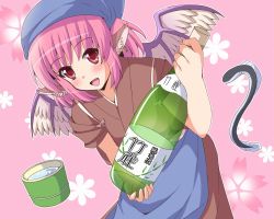 1girl alcohol animal_ears bad_id bad_pixiv_id blue_headscarf cherry_blossoms eel female_focus floral_print food_stand glass headscarf japanese_clothes mystia_lorelei okamisty open_mouth pink_eyes pink_hair sake short_hair smile solo tasuki touhou utakata_(azaka00) wings yatai