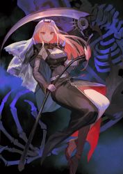 1girl breasts cleavage dark_background dress funeral_dress high_heels highres holding holding_scythe hololive hololive_english lack large_breasts long_hair looking_at_viewer mori_calliope pink_hair red_eyes scythe skeleton smile solo veil virtual_youtuber weapon