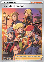 Rule 34 | 2girls, 3boys, :d, artist name, backpack, bag, barry (pokemon), beanie, black eyes, black hair, black shirt, black vest, blonde hair, blue jacket, blue pants, card (medium), character name, closed mouth, cloud, company name, copyright name, copyright notice, cynthia (pokemon), dawn (pokemon), english text, eyelashes, fence, fur trim, green scarf, grey pants, hair ornament, hair over one eye, hat, head rest, holding, holding poke ball, ishikawa hideki, jacket, lamppost, long hair, long sleeves, lucas (pokemon), multicolored jacket, multiple boys, multiple girls, nintendo, official art, one eye closed, open mouth, orange eyes, orange scarf, pants, pink skirt, poke ball, poke ball (basic), pokemon, pokemon card, pokemon dppt, pokemon tcg, poketch, red hat, red scarf, scarf, shirt, short hair, short sleeves, skirt, sky, smile, spiked hair, star (sky), striped clothes, striped jacket, teeth, third-party source, trading card, tree, two-tone jacket, very short hair, vest, volkner (pokemon), watch, white hat, white shirt, wristwatch, yellow bag