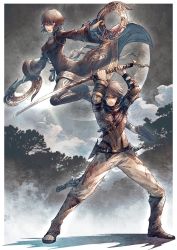 1boy 1girl belt boots breasts brown_hair chakram cloud cloudy_sky commentary_request dancer_(final_fantasy) dress dual_wielding eye_mask facial_tattoo final_fantasy final_fantasy_xiv highres holding holding_sword holding_weapon katana leggings lipstick long_sleeves looking_at_viewer makeup mask moon nail_polish night night_sky outdoors samurai_(final_fantasy) sheath short_hair shoulder_belt shukei sky slippers sunglasses sword tattoo tinted_eyewear toeless_footwear tree warrior_of_light_(ff14) weapon wide_sleeves