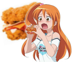 1girl amamiya_rizumu bacon bad_id bad_pixiv_id cheese chicken_(food) clothes_writing drooling female_focus food hair_ornament heart heart_hair_ornament highres kfc nyama open_mouth ponytail pretty_rhythm pretty_rhythm_aurora_dream pretty_series saliva side_ponytail solo syn_sophia tears