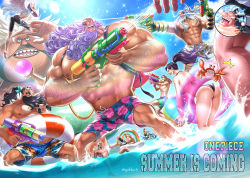 1girl 6+boys ^^^ abs afloat alternate_hairstyle animal arm_hair ass avalo_pizarro barefoot beard bicycle bikini black_hair black_male_swimwear black_swim_trunks blue_male_swimwear blue_swim_trunks brown_hair catarina_devon chest_hair colored_skin copyright_name crab curly_hair doc_q dual_wielding english_text eye_mask facial_hair fat fat_man fisheye floral_print floral_swimsuit flying giant green_male_swimwear green_swim_trunks grey_hair hat headscarf height_difference high_ponytail highres holding holding_water_gun innertube jesus_burgess kuzan_(aokiji) lafitte_(one_piece) leaning_forward legs_up long_hair long_nose lying male_swimwear marshall_d._teach medium_hair missing_tooth multiple_boys muscular muscular_male mustache navel nipples obese ocean one_piece open_mouth pale_skin palm_tree_print pectorals pink_skin ponytail print_male_swimwear print_swim_trunks print_swimsuit purple_hair riding riding_bicycle sanjuan_wolf shiryuu_(one_piece) sitting size_difference skull_and_crossbones smile standing stomach summer sun_hat swim_ring swim_trunks swimsuit tan twitter_username van_augur vasco_shot wading water water_gun wet white_hair winged_arms wings wrestling_mask youkan_(tako)