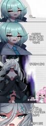 3girls 4koma absurdres alternate_hairstyle antenna_hair aqua_hair black_dress blood blue_archive breasts chibi comic dress grey_hair highres hyun_ha-ryeong injury korean_text large_breasts long_hair multiple_girls necktie pink_eyes pink_hair school_uniform shiroko_(blue_archive) shiroko_terror_(blue_archive) shirt simple_background white_background white_shirt yume_(blue_archive)