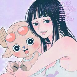 1boy 1girl 321 blue_nose blunt_bangs blush dated eyelashes eyewear_on_head highres hug long_hair looking_at_viewer nico_robin one_piece orange-tinted_eyewear purple_background smile tank_top tinted_eyewear tony_tony_chopper twitter_username upper_body white_tank_top