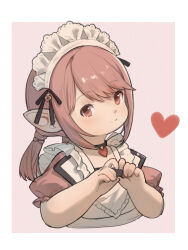Rule 34 | 1girl, ashguero, black choker, border, brown eyes, brown hair, choker, closed mouth, commentary, final fantasy, final fantasy xiv, heart, heart hands, highres, lalafell, looking at viewer, maid headdress, outside border, parted bangs, pink background, pointy ears, simple background, smile, solo, upper body, warrior of light (ff14), white border
