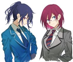 Rule 34 | 2girls, black-framed eyewear, blazer, blue eyes, blue hair, blue jacket, blue necktie, buttons, chinese commentary, closed mouth, collared jacket, collared shirt, commentary request, cropped torso, ensemble stars!, expressionless, eyelashes, fushimi yuzuru, genderswap, genderswap (mtf), glasses, grey jacket, hair between eyes, hand on own hip, happy, jacket, kitakawayui, lapels, medium hair, mixed-language commentary, mole, mole under eye, multiple girls, necktie, notched lapels, pink eyes, pink hair, ponytail, red necktie, saegusa ibara, school uniform, shirt, short hair, simple background, smile, striped necktie, white background, white shirt