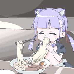 1girl ai-generated_art_(topic) ai_drawing_anime_characters_eating_ramen_(meme) animal_ears black_shrug blunt_bangs bow bowl bowtie cat_ears chopsticks closed_eyes commentary_request egg_(food) flat_chest floating food lokulo-chan_(lokulo_no_mawashimono) lokulo_no_mawashimono loli lowres meme noodles oekaki original purple_bow purple_bowtie ramen shrug_(clothing) solo soup twintails upper_body