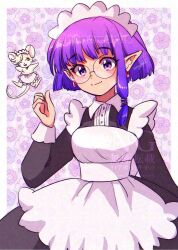 1girl apron arm_up artist_name black_dress blunt_bangs closed_mouth commentary cowboy_shot dot_nose dress english_commentary floral_background glasses highres long_sidelocks looking_at_viewer low-tied_sidelocks maid maid_apron maid_headdress mouse_(animal) neckerchief nonoworks one_eye_closed open_mouth original pink_apron pointy_ears purple_background purple_eyes purple_hair red_eyes red_neckerchief round_eyewear short_hair sidelocks signature single_sidelock smile split_mouth swept_bangs teeth upper_body upper_teeth_only watermark white_apron white_hair white_sleeves white_wrist_cuffs wrist_cuffs