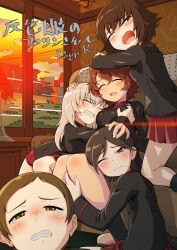5girls absurdres akaboshi_koume arm_on_another&#039;s_leg black_jacket black_socks blush breasts brown_eyes brown_hair closed_eyes collared_shirt commentary_request commission cross crying crying_with_eyes_open curly_hair girls_und_panzer girls_und_panzer_saishuushou grey_hair hand_on_another&#039;s_chest hida_ema highres iron_cross iruma_anna itsumi_erika jacket knees kojima_emi kuromorimine_military_uniform kuroneko_douji long_hair long_sleeves miniskirt multiple_girls on_chair open_mouth pleated_skirt pointy_hair red_shirt red_skirt sad shirt short_hair signature sitting skirt snot socks spoilers sunset tearing_up tears train_interior very_short_hair window
