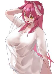 1girl absurdres animal_ears breasts commentary english_commentary fangs hair_between_eyes hair_intakes highres hololive hololive_english koizumi_arata large_breasts long_hair looking_at_viewer multicolored_hair open_mouth panther_ears panther_girl pink_hair raora_panthera see-through_clothes see-through_shirt see-through_silhouette shirt short_sleeves simple_background smile solo streaked_hair teeth tongue tongue_out two-tone_hair virtual_youtuber white_background white_shirt yellow_eyes