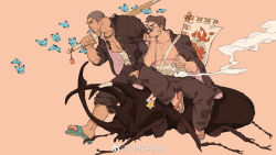 Rule 34 | 2boys, bara, bare pectorals, blue butterfly, bug, butterfly, buzz cut, elbow rest, facial hair, from side, gakuran, giant insect, goatee, highres, insect, jacket, large pectorals, leg hair, long sideburns, male focus, mature male, midriff sarashi, multiple boys, muscular, muscular male, nipples, open clothes, open jacket, original, pants, pants rolled up, pectorals, rhinoceros beetle, riding, sandals, sarashi, school uniform, short hair, sideburns, sunglasses, sword, very short hair, walking, weapon, wooden sword, xiaolumiaoliya