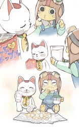 1boy 1girl alien bell blush_stickers cat child chiquitita closed_eyes commentary_request cup dandadan drinking eating food food_on_face goggles goggles_on_headwear highres holding holding_cup holding_food looking_at_another maneki-neko milk multiple_views neck_bell puckered_lips sitting turbo_granny_(dandadan) yuncho