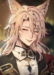 1boy animal_ear_fluff animal_ears closed_eyes commentary_request fox_boy fox_ears hair_between_eyes highres honkai:_star_rail honkai_(series) jacket jiaoqiu_(honkai:_star_rail) long_hair male_focus mandarin_collar parted_hair parted_lips pink_hair shirt smile solo teeth upper_body white_shirt xo_5ss