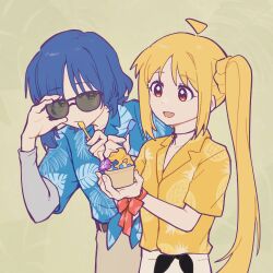 2girls absurdres blue_hair blue_shirt colored_eyelashes food glasses highres ice_cream ijichi_nijika multiple_girls shirt tenrouza_ray yamada_ryo yellow_background yellow_shirt