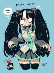2girls :3 absurdres alternate_hairstyle aqua_necktie aqua_trim bags_under_eyes bare_shoulders black_eyes black_hair black_thighhighs blue_background bow breasts character_name collared_shirt cosplay cropped_legs english_text grey_skirt grey_sleeves hair_bow highres large_breasts long_hair multicolored_hair multiple_girls necktie noss_&amp;_zakuro noss_(rariatto) rariatto_(ganguri) red_bow shirt sidelocks signature simple_background skirt sleeveless sleeveless_shirt small_sweatdrop solo_focus speech_bubble streaked_hair thighhighs tie_clip twintails very_long_hair wavy_mouth white_hair zakuro_(rariatto)