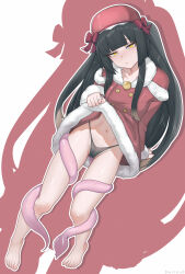 1girl absurdres barefoot bikini black_bikini black_hair boots breasts brown_hair bwcloud capelet clothes_lift dress eyes_visible_through_hair full_body fur-trimmed_dress fur_trim hat highres hime_cut hiruko_(mon-musu_quest!) knee_boots long_hair long_sleeves looking_at_viewer mon-musu_quest! mon-musu_quest:_paradox multicolored_hair navel pink_background red_background red_boots red_capelet red_dress red_hat sidelocks skirt small_breasts smile solo swimsuit tentacles white_background yellow_eyes