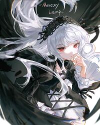 Rule 34 | 1girl, black bow, black dress, black feathers, black hairband, black ribbon, blurry, bow, depth of field, dress, feathered wings, feathers, floating hair, frilled hairband, frilled sleeves, frills, gothic lolita, hairband, highres, juliet sleeves, konjac zr, layered sleeves, lolita fashion, long hair, long sleeves, looking at viewer, parted lips, puffy sleeves, red eyes, ribbon, rozen maiden, solo, suigintou, very long hair, white dress, white hair, wings