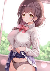 1girl black_panties blush bow breasts brown_hair clothes_lift collared_shirt commentary_request highres indoors large_breasts lifting_own_clothes long_hair long_sleeves looking_at_viewer ongeki open_mouth panties pleated_skirt sakurai_haruna_(ongeki) school_uniform shirt skirt skirt_lift solo underwear white_shirt xenon_(for_achieve)