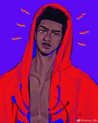 1boy absurdres bare_pectorals black_hair brown_eyes curly_hair dark-skinned_male dark_skin high_contrast highres hood hood_up hooded_jacket jacket looking_at_viewer male_focus marvel miles_morales parted_lips pectorals purple_background short_hair simple_background solo spider-man:_into_the_spider-verse spider-man_(series) spider-verse toned toned_male upper_body vamos_mk very_dark_skin
