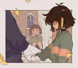 2others androgynous antenna_hair black_shorts blunt_bangs blush_stickers border brown_hair bush c: chara_(undertale) corogarucoromo deltarune falling_leaves from_side green_sweater hand_on_own_cheek hand_on_own_face holding_hands knees_up kris_(deltarune) leaf long_sleeves looking_ahead multiple_others other_focus out_of_frame outdoors outside_border profile red_eyes shaded_face short_bangs short_hair shorts sitting smile solid_oval_eyes sweater toriel undertale upper_body white_border window
