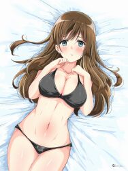 artist_name bikini black_bikini blue_eyes breasts brown_hair hibike!_euphonium highres kuroe_mayu large_breasts long_hair looking_at_viewer lying navel on_back on_bed satya swimsuit