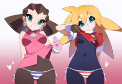Rule 34 | 2girls, bare shoulders, bikini, black bodysuit, blonde hair, bodysuit, bodysuit under clothes, breasts, brown hair, clothes lift, cowboy shot, dress, dress lift, earrings, gradient background, green eyes, heart, jacket, jacket lift, jewelry, kaidou zx, long hair, medium breasts, mega man (series), mega man legends (series), multiple girls, pink background, roll caskett (mega man), side-tie bikini bottom, skull brooch, skull earrings, swimsuit, tron bonne (mega man)