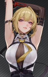Rule 34 | 1girl, arm strap, armpits, arms up, black choker, black gloves, blonde hair, breasts, choker, elbow gloves, evelyn chevalier, gloves, grey background, highres, iamc95, large breasts, looking at viewer, mole, mole under eye, necktie, parted lips, purple eyes, shirt, short hair, single glove, sleeveless, sleeveless shirt, solo, upper body, white shirt, yellow necktie, zenless zone zero