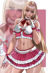 Rule 34 | 1girl, bare shoulders, blonde hair, blue eyes, breasts, cleavage, crop top, emilie de rochefort, fingerless gloves, gloves, highres, kittymiya, lips, long hair, medium breasts, midriff, miniskirt, skirt, sleeveless, tekken, tekken tag tournament 2