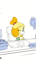 1girl animal_crossing animal_ears animal_nose animated black_eyes blinking blonde_hair blush blush_stickers body_fur bouncing_breasts breasts bright_pupils buck_teeth buttons closed_eyes closed_mouth desk dog_ears dog_girl female_focus flower furry furry_female green_vest half-closed_eyes hands_on_own_face hands_up highres holding_own_arm isabelle_(animal_crossing) looking_to_the_side looping_animation mike&#039;s_scibbles nintendo on_chair open_mouth own_hands_together paper partially_colored pen plaid_clothes plaid_vest raised_eyebrows rubbing_eyes shirt short_hair short_sleeves sign sitting sleepy small_breasts smile solo split_mouth sunflower tears teeth topknot two-tone_fur upper_body vest video white_background white_fur white_pupils white_shirt yawning yellow_fur