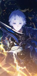 Rule 34 | 1boy, antenna hair, armor, black shirt, blue cape, blue eyes, cape, coat, commentary, cowboy shot, hair between eyes, highres, holding, holding sword, holding weapon, honkai: star rail, honkai (series), looking at viewer, male focus, pauldrons, phainon (honkai: star rail), shirt, short hair, shoulder armor, single pauldron, solo, sword, weapon, white coat, white hair, woodsage88