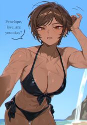 1girl bikini black_bikini brown_eyes brown_hair character_request copyright_request dark-skinned_female dark_skin past_desiderium pov scar scar_on_arm solo swimsuit
