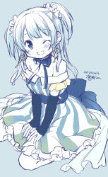 1girl aoki_ume back_bow bare_shoulders black_arm_warmers blue_background blue_bow blue_bowtie blue_choker blue_dress blue_eyes blue_gemstone blue_hair blue_sash blunt_bangs bow bow_choker bowtie breasts choker cleavage collarbone collared_dress dated dot_nose dress earrings frilled_dress frilled_sleeves frills full_body gem gold_earrings gradient_clothes gradient_dress hair_ornament hair_scrunchie hands_on_lap happy highres jewelry light_blush long_hair looking_at_viewer magia_record:_mahou_shoujo_madoka_magica_gaiden magical_girl mahou_shoujo_madoka_magica minami_rena musical_note off-shoulder_dress off_shoulder one_eye_closed open_mouth pantyhose sash scrunchie short_dress short_sleeves signature simple_background sitting smile solo striped_clothes striped_dress tareme triangle_earrings two-tone_dress two_side_up vertical-striped_clothes vertical-striped_dress waist_sash wariza white_dress white_pantyhose white_scrunchie white_sleeves